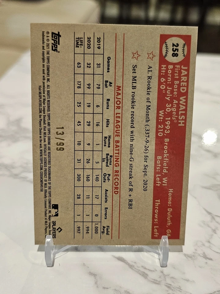 2021 Topps Chrome Platinum Jared Walsh Yellow/Green 70th Anniversary Ref #/99 - Image 2 of 2