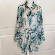 Multiples women's size 1X green navy swiss dot sheer long sleeve button down