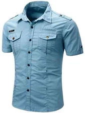 New Men Casual Military Shirt Short Sleeve Cotton Cargo Work Shirts with Pockets