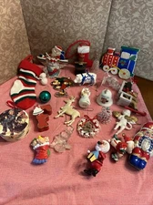 Vintage Lot of 25 Christmas Ornaments Plastic Wood Cloth Porcelain Great Variety
