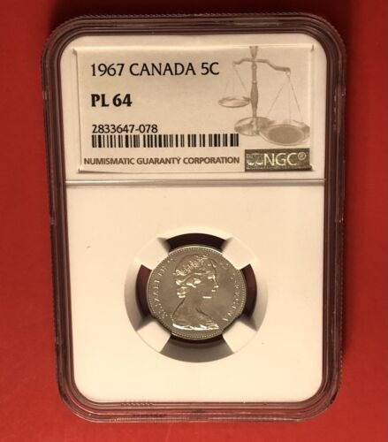 1967-CANADA -5 CENTS PROOF LIKE COIN,GRADED BY NGC PL 64. - Picture 1 of 4