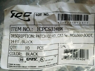 ICC ICPCSJ14BK PKG of TEN Patch Cords, Cat 5e, Molded Boot, 14 Ft Black