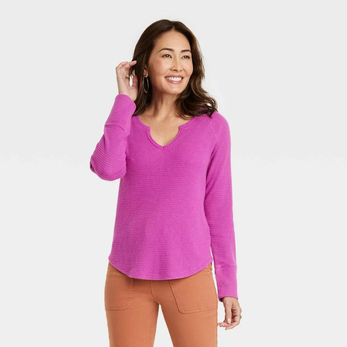 Knox Rose Women's Long Sleeve Notch Neck Thermal Top Berry Purple Size Large