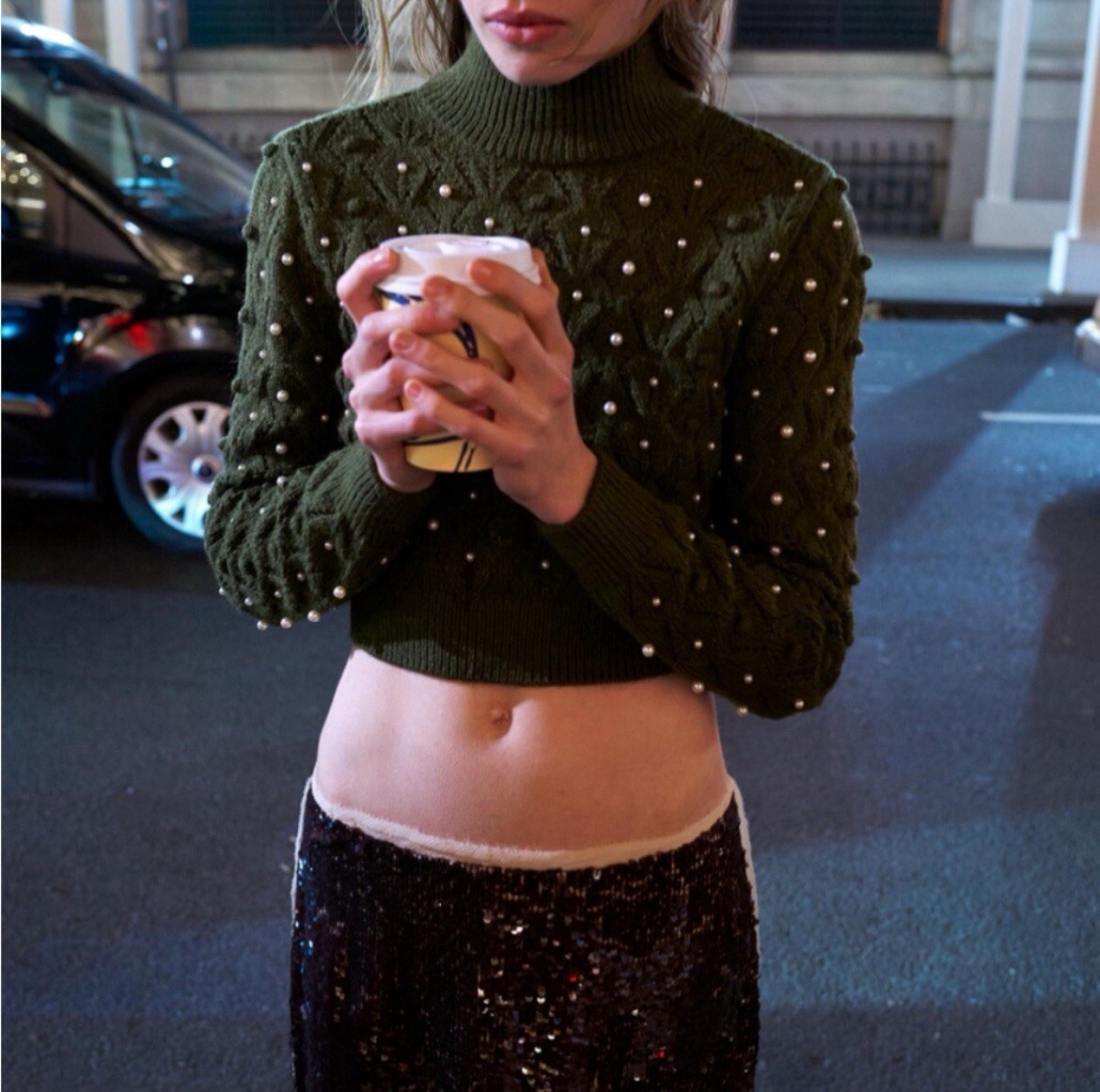 Zara GREEN OPEN BACK KNIT SWEATER WITH PEARLS size M Ref 4331/152