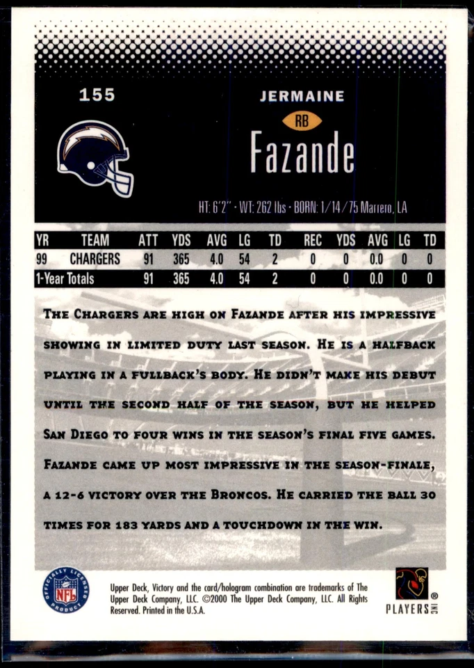 Jermaine Fazande #155 2000 Upper Deck Victory - Image 2 of 2
