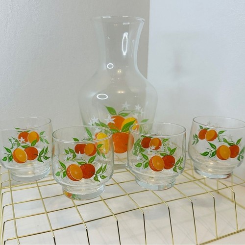 Vintage Glas Saft Set Hasel Atlas Orange Zitrusblüten Muster Karaffe Gläser