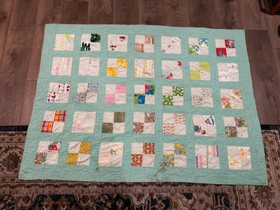 vintage hand sewn crazy square scrap fabric quilt 43'' x 57'' 9 patch blocks