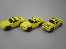 3- NOS TYCO #6486 yellow '79 FORD MUSTANG "JAM CAR" HO Scale Slotless Race Cars