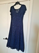 Lace Mother of Bride Size 8 Tea Length Dress Sequin Navy Blue A Line Flared