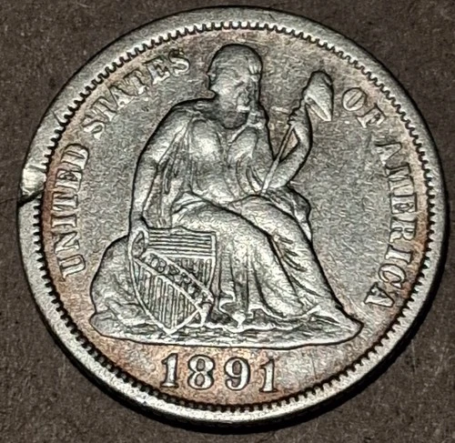 1891-O Seated Liberty Dime New Orleans Silver Coin – Fine Details –Rim Dent #880