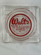 Vintage Walt’s Bar Glass Ashtray Waterloo Iowa Advertising Tavern Mid-Century