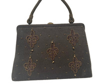 Vintage Fleur de Lis beadwork chocolate colored felt handbag.