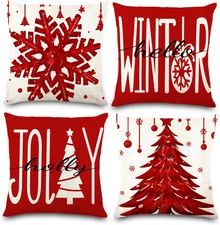 4PCS Christmas Pillow Covers 18x18 Inch Linen Polyester Xmas Decorative Set