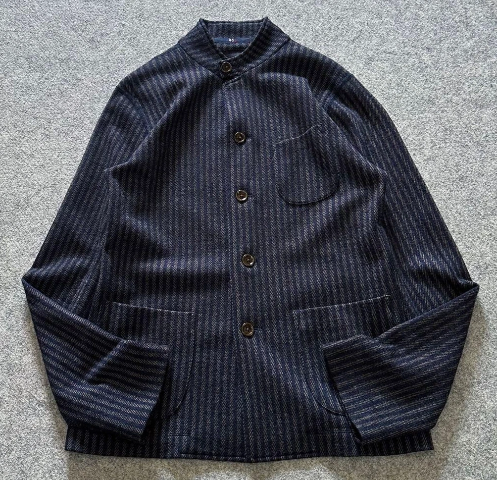 45R Jacket Band Collar Stripe Jersey Twill Stretch Wool Outerwear Excellent - product detail image 1