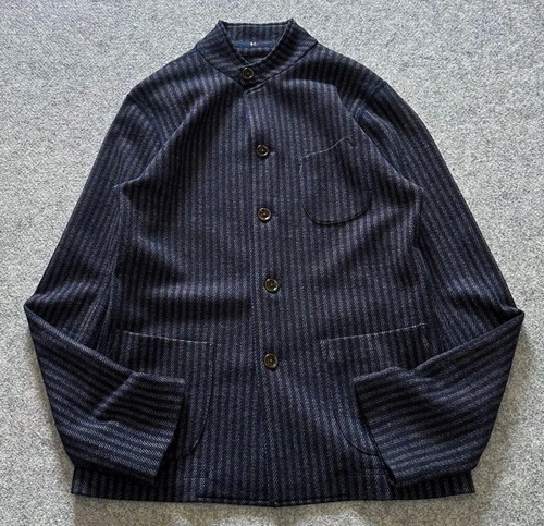 45R Jacket Band Collar Stripe Jersey Twill Stretch Wool Outerwear Excellent video thumbnail