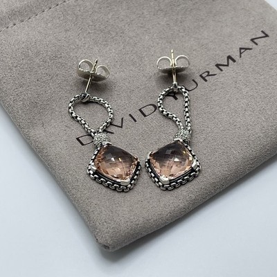 David Yurman 925 Sterling Silver Morganite Cushion on Point Diamond Earrings