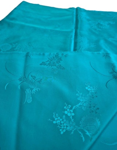 Vintage Pure Silk Fabric – 3.5 Yards Green Teal Floral Chinese Brocade, 29" Wide - Picture 7 of 9