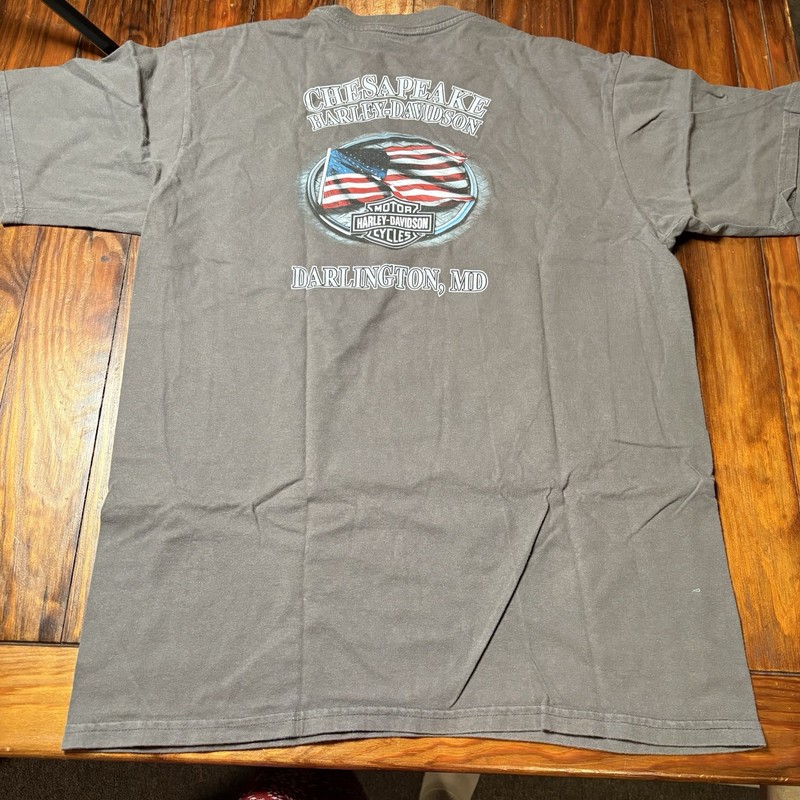 Harley Davidson Chesapeake Darlington MD Gray Pocket T-Shirt American Flag L 