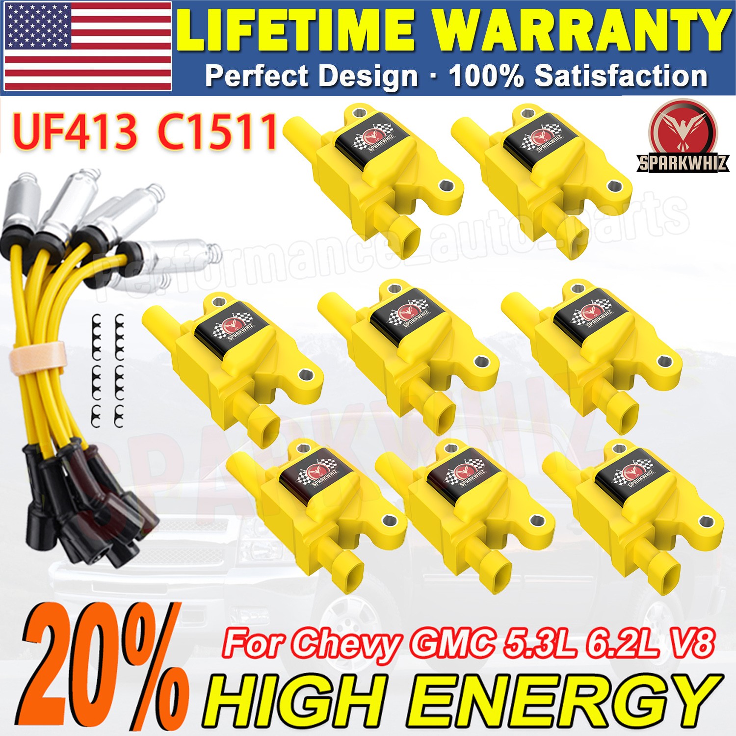 High Performance Ignition Coil+Wire+Spark Plug For Chevy GMC 5.3L 6.2L V8 UF413