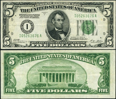 #ad #ad FR. 1952 I $5 1928 B Federal Reserve Note Minneapolis I A Block VF $52.00