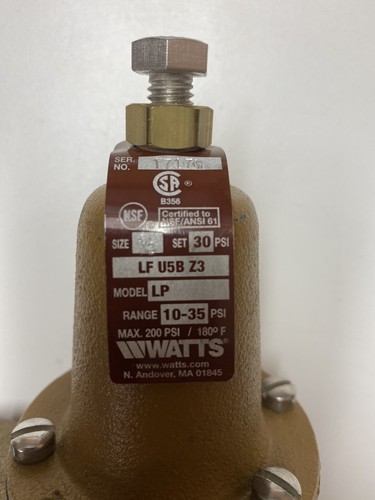1/2" Watts Pressure Reducing Valve. LFU5B-LP-Z3. 1/2”. 10-35 PSI - Picture 3 of 3