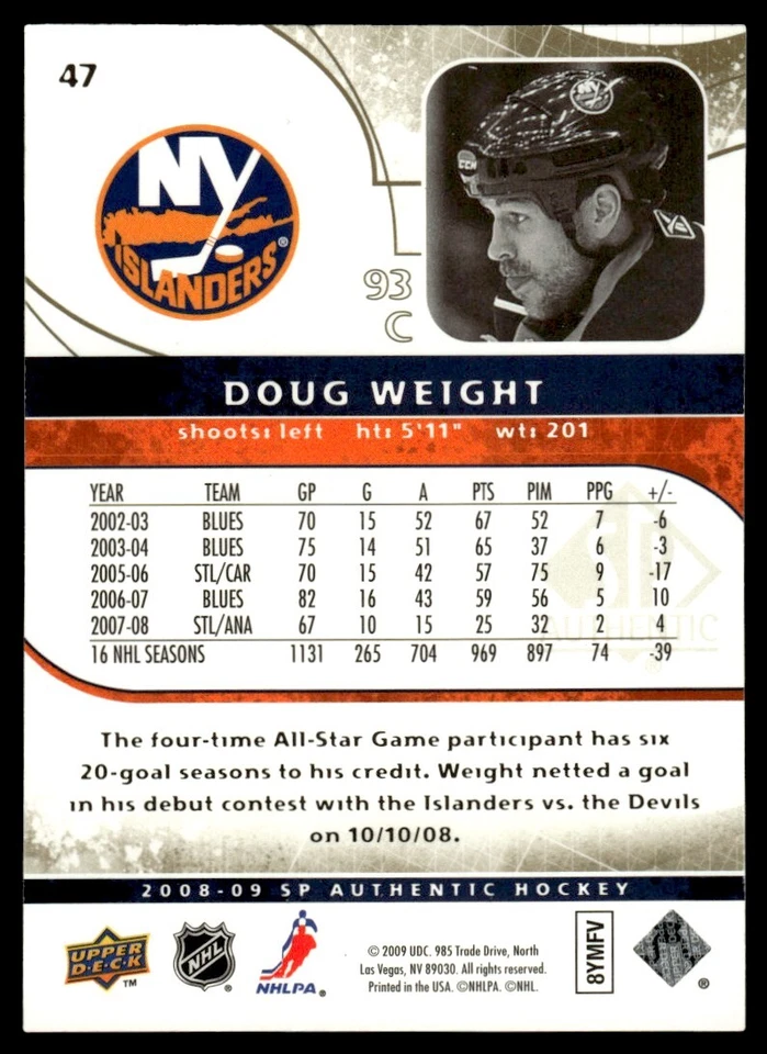 2008-09 SP Authentic Limited Doug Weight 048/100 New York Islanders #47 - Image 2 of 2