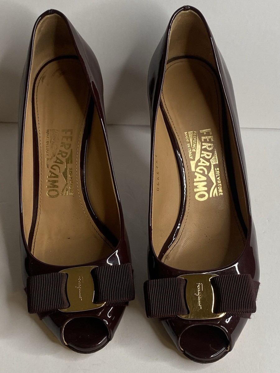 Salvatore Ferragamo Vera Open Peep Toe Logo Patent Leather Salvatore Ferragamo Vera Open Peep Toe Logo Patent Leather