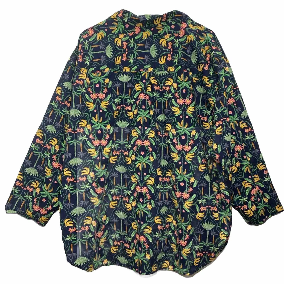 Top con botones estampado floral palmera plátano tropical azul marino antiguo para mujer XXL Foto 2 de 4