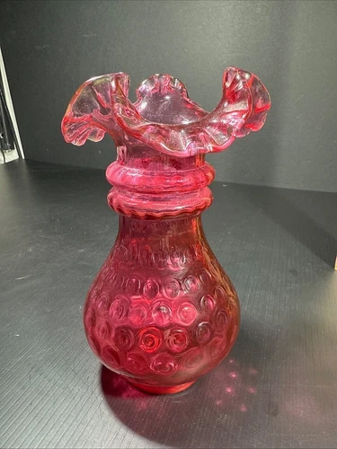 Vintage Fenton Cranberry Optic Coin Dot Ruffled Crimped Edge 6" Tall