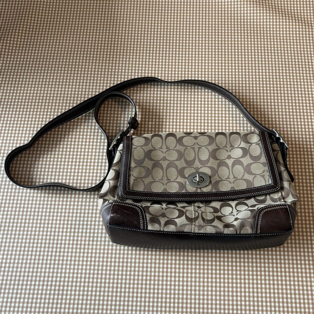 Coach Purse Hampton Brown Signature Canvas Leather Bag Flap Coach Purse Hampton Brown Signature Canvas Leather Bag Flap