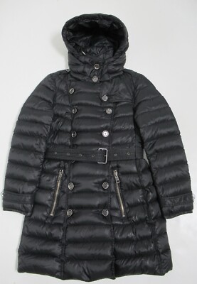 Burberry Brit Women's Puffer Belted Hood Jacket Black Goose Down Size M