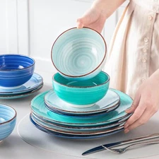 Blue Stoneware Dinnerware Set 12 Pieces Serves 4, Stoneware Plate and Bowl Set