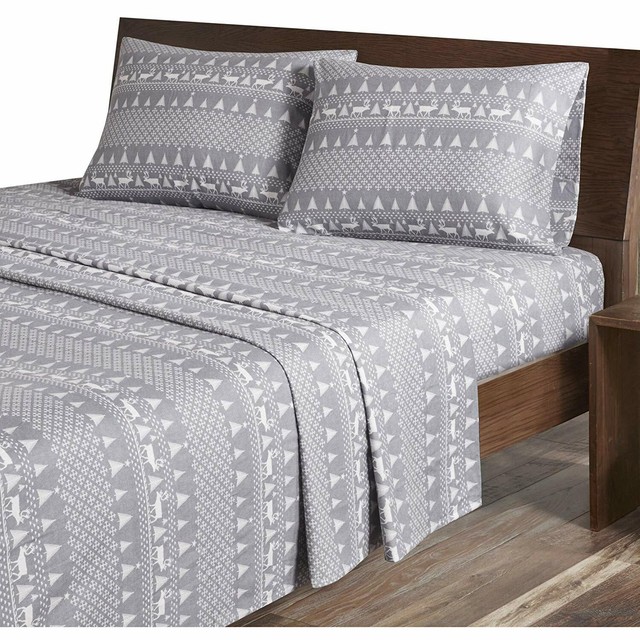 Woolrich Flannel Cotton Printed Grey Winter Frost Sheet Set (Queen Size