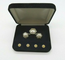 Vintage Men's Silver Polygon Cufflinks Tiepin  Studs Unbranded in Original Box