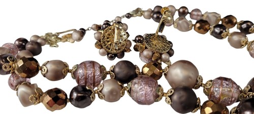 Vtg Vendome 2 Strand Faux Pearl Mauve Purple Glass Necklace Earrings Set Signed - Picture 19 of 24