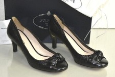 New Prada Antic Soft Leather Heels Black  Round Toe Shoes Gold Logo BOW 38