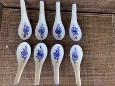 8 Vintage Japanese Chinese Blue Floral Rice Miso Soup Spoons