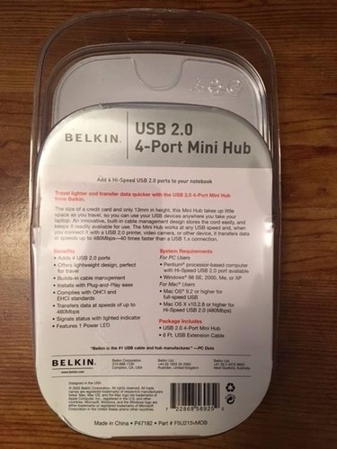 BELKIN USB 2.0 4-PORT mini–Hub P47182 Multi Use Mobile Travel Mini Hub - Picture 2 of 3