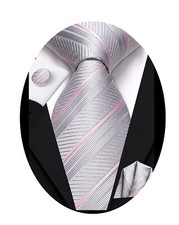 Silver Gray Pink Ties for Men 70'' Silk Striped Extra Long Tall Men's Ties XL...