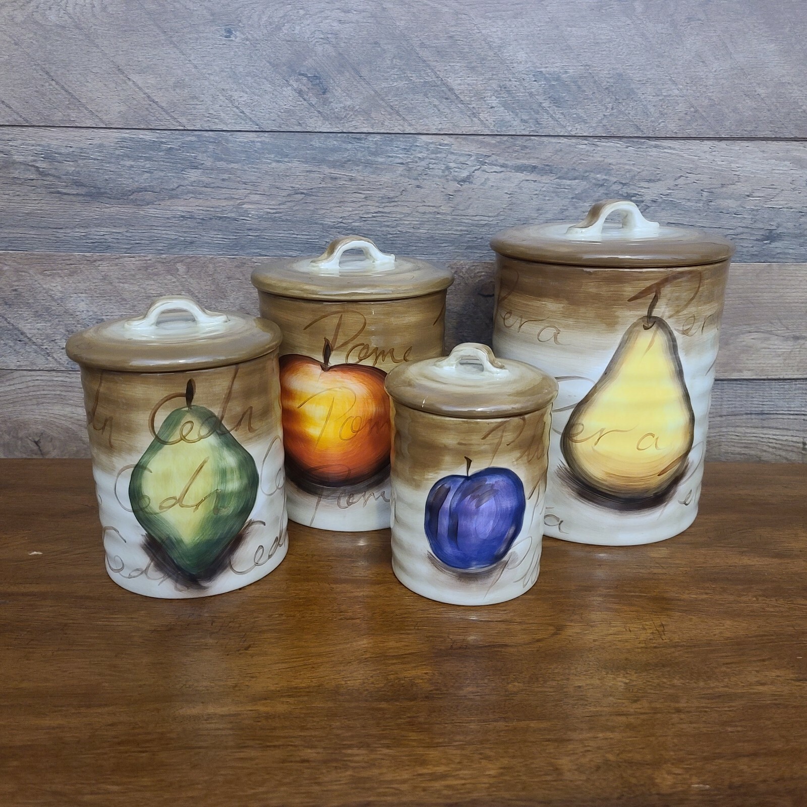 Set 4 Tabletops Unlimited Fruition HandPainted Canisters Pear/Peach
