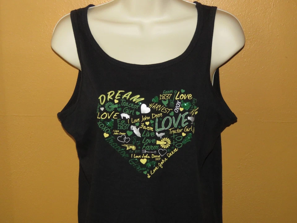Camiseta sin mangas John Deere para mujer XL LOVE brillo negra granja tractor país Foto 2 de 4