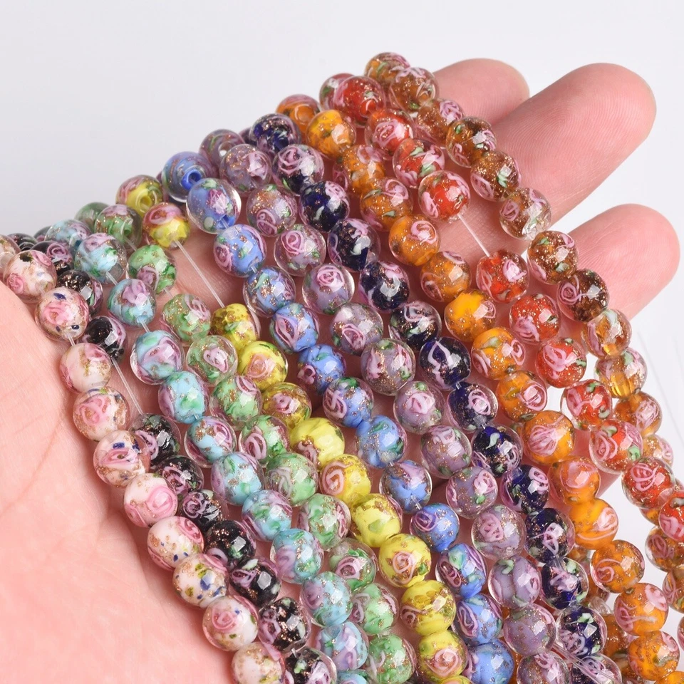 10pcs 8mm Round Golden Foil Flower Lampwork Glass Loose Beads For Jewelry Making - Image 3 of 3