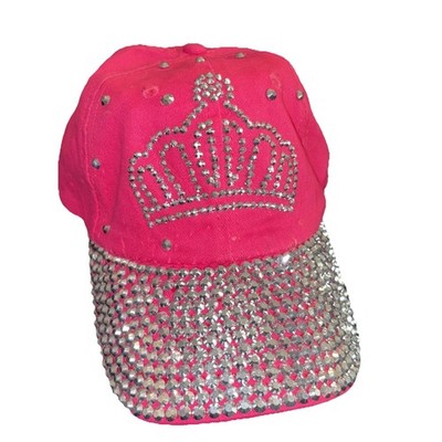 Rhinestone 'Queen'' Emroidered Womens Pink Hat- One Size Fits All Hook & Loop