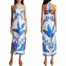 Farm Rio Blue Yard Office White Sleeveless Halter Maxi Dress Size L Tropical NEW