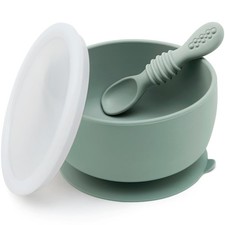 Silicone Baby Bowl Spoon Set Suction Lid First Stage Self Feeding 6 Month