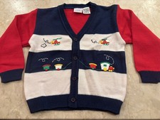 Vintage Little Lambs Boys Acrylic Embroidered Train Cardigan Sweater Sz 24M EUC