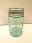 VINTAGE AQUA BLUE WHITE CROWN MASON PINT FRUIT JAR W/ NOS ZINC LID — photo 2