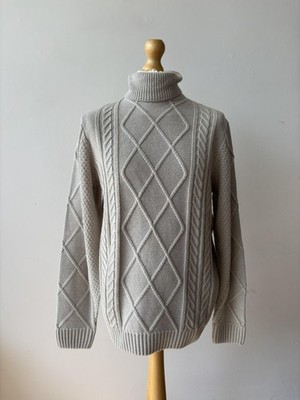 Folk Pullover Herren XL Creme Wollmischung Rollkragen Zopfmuster Fischerpullover