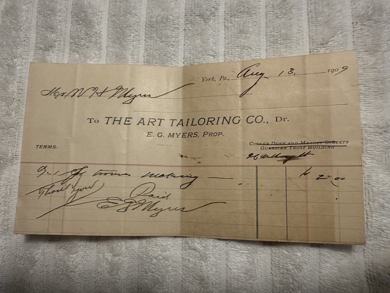 York, PA - The Art Tailoring Co. Billhead 1909