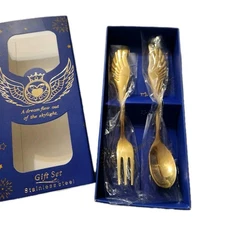 NEW Angel Wing Flatware Toddler Stainless Baby Spoon Fork Toddler Gold Tone 